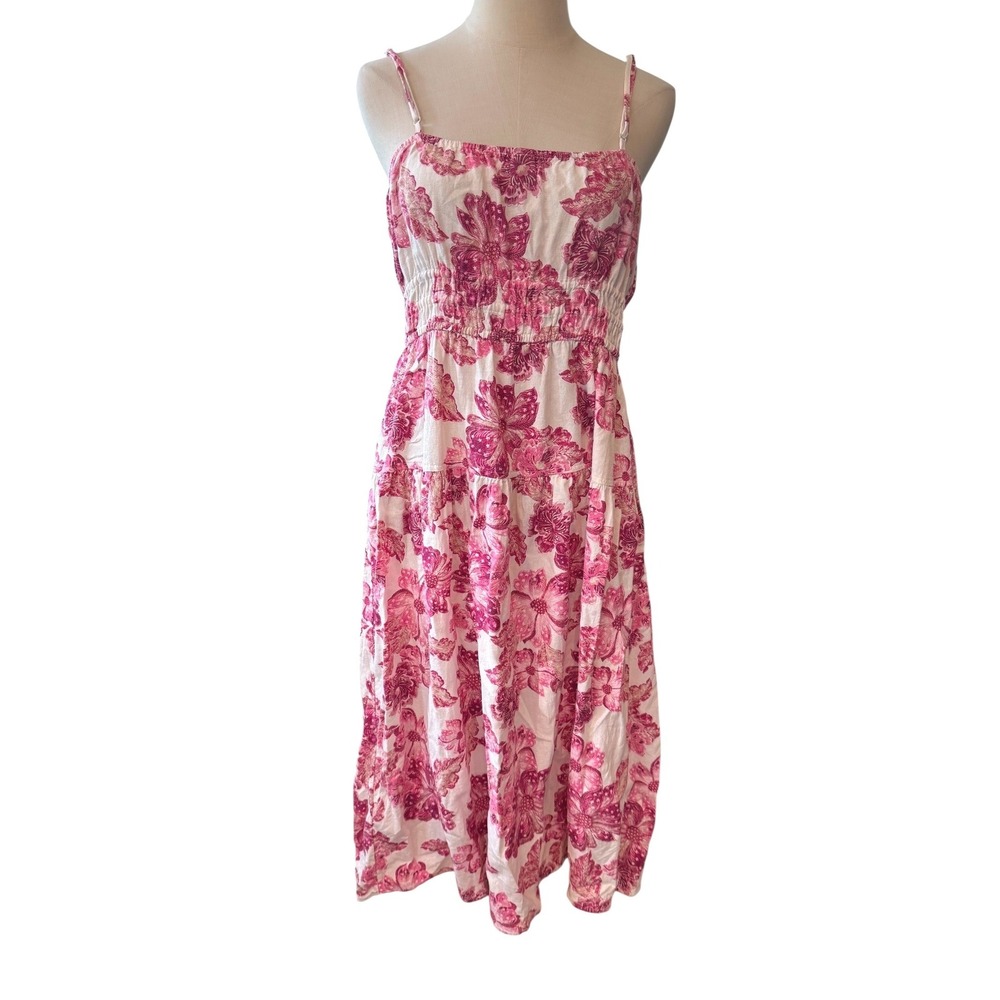 Old Navy Pink Floral Linen Blend Smocked Tiered Midi Cami‎ Dress Large Pockets